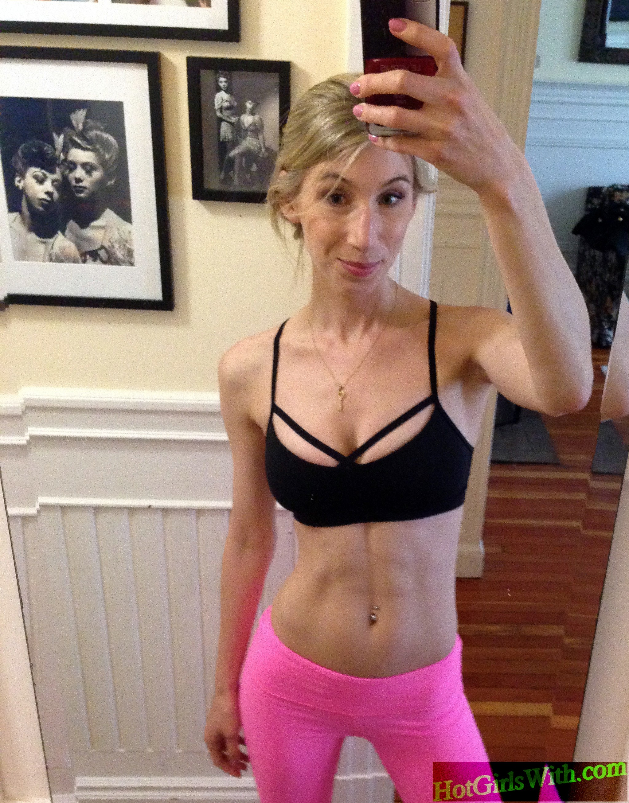 Petite Blonde Pink Yoga Pants Selfie