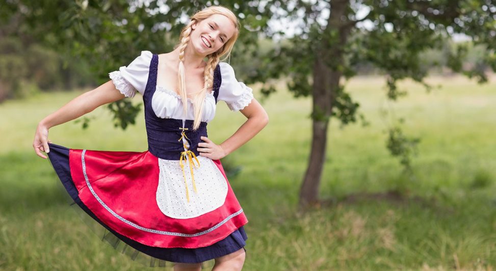 Stereotypical German Blonde in Sexy Skirt