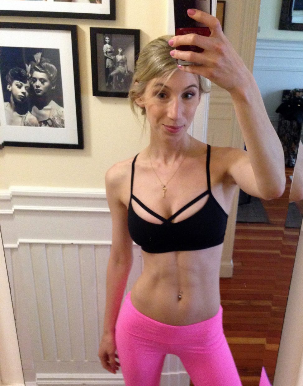 Petite Blonde Pink Yoga Pants Selfie