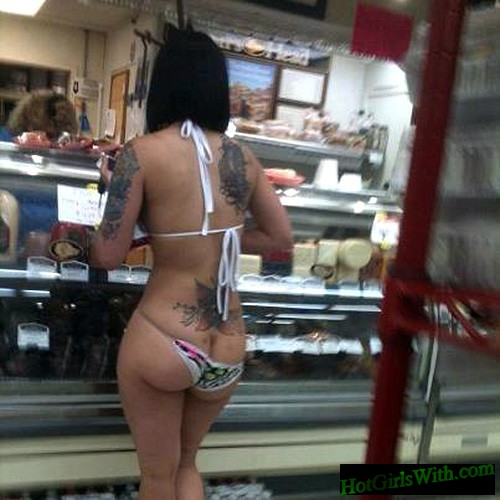 Sexy Woman with Tattoos and Bikini Falling Off at Deli